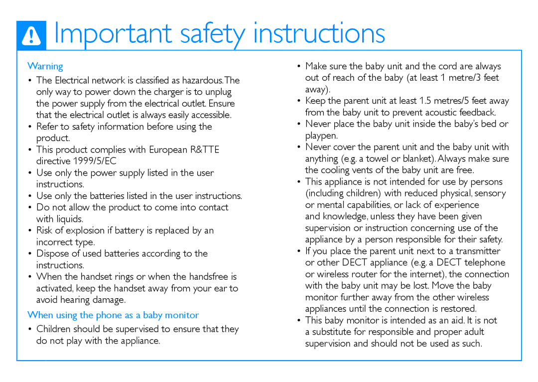 Philips M888 user manual Important safety instructions, When using the phone as a baby monitor 