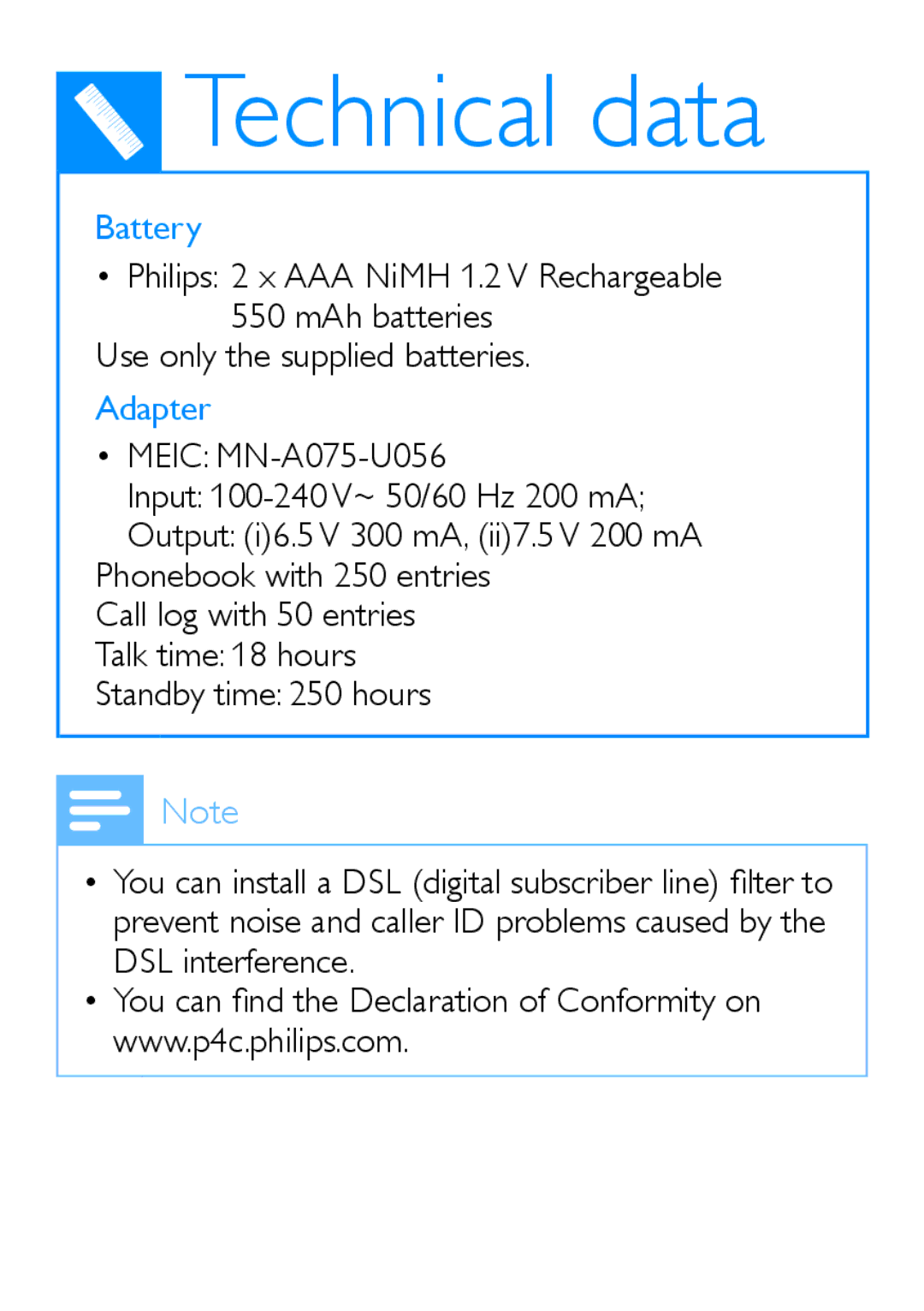 Philips M888 user manual Technical data, Battery, Adapter 