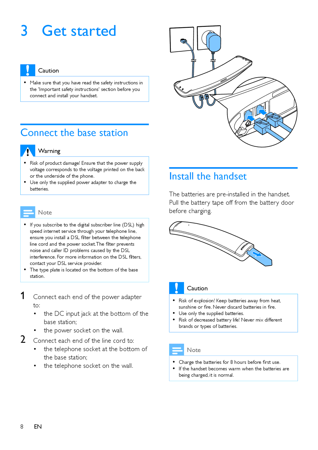 Philips M888 manual Get started, Connect the base station, Install the handset 