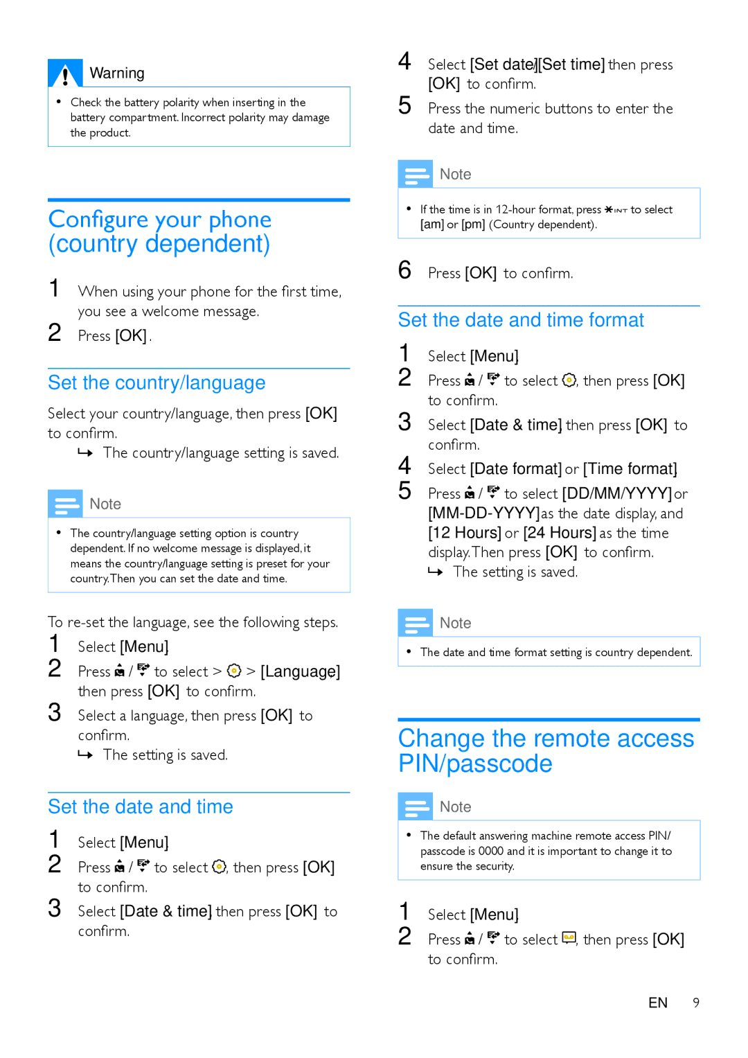 Philips M888 manual Change the remote access PIN/passcode, Set the country/language, Set the date and time 