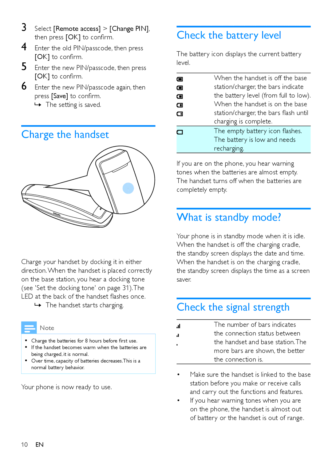 Philips M888 manual Charge the handset, Check the battery level, What is standby mode?, Check the signal strength 