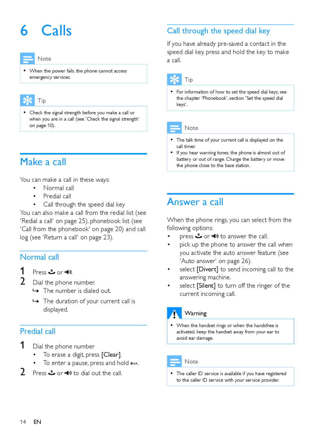 Philips M888 manual Calls, Make a call, Answer a call 