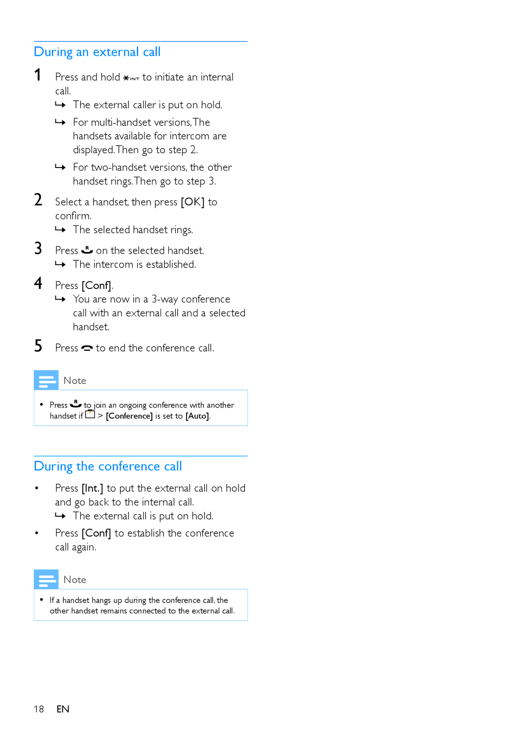 Philips M888 manual During an external call, During the conference call 