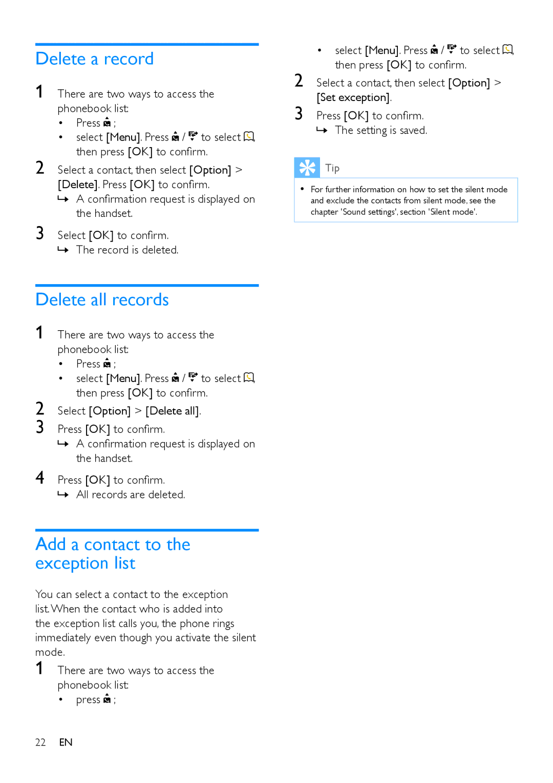 Philips M888 manual Delete a record, Delete all records, Add a contact to the exception list, Set exception 