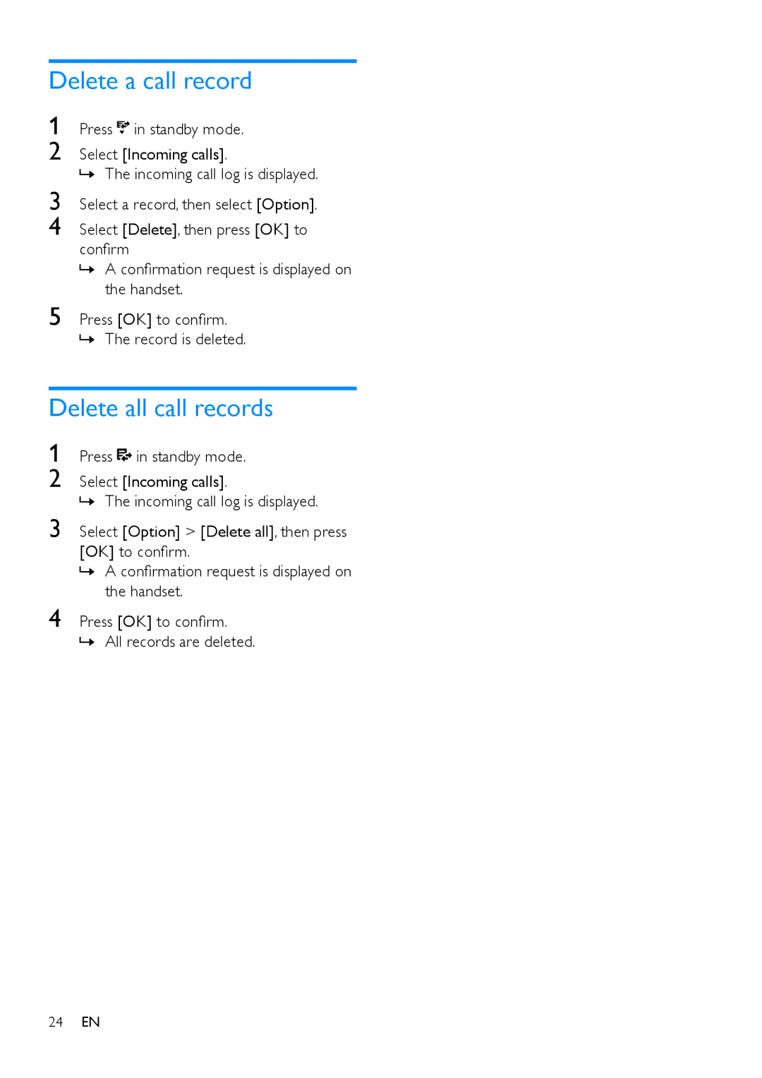 Philips M888 manual Delete a call record, Delete all call records 