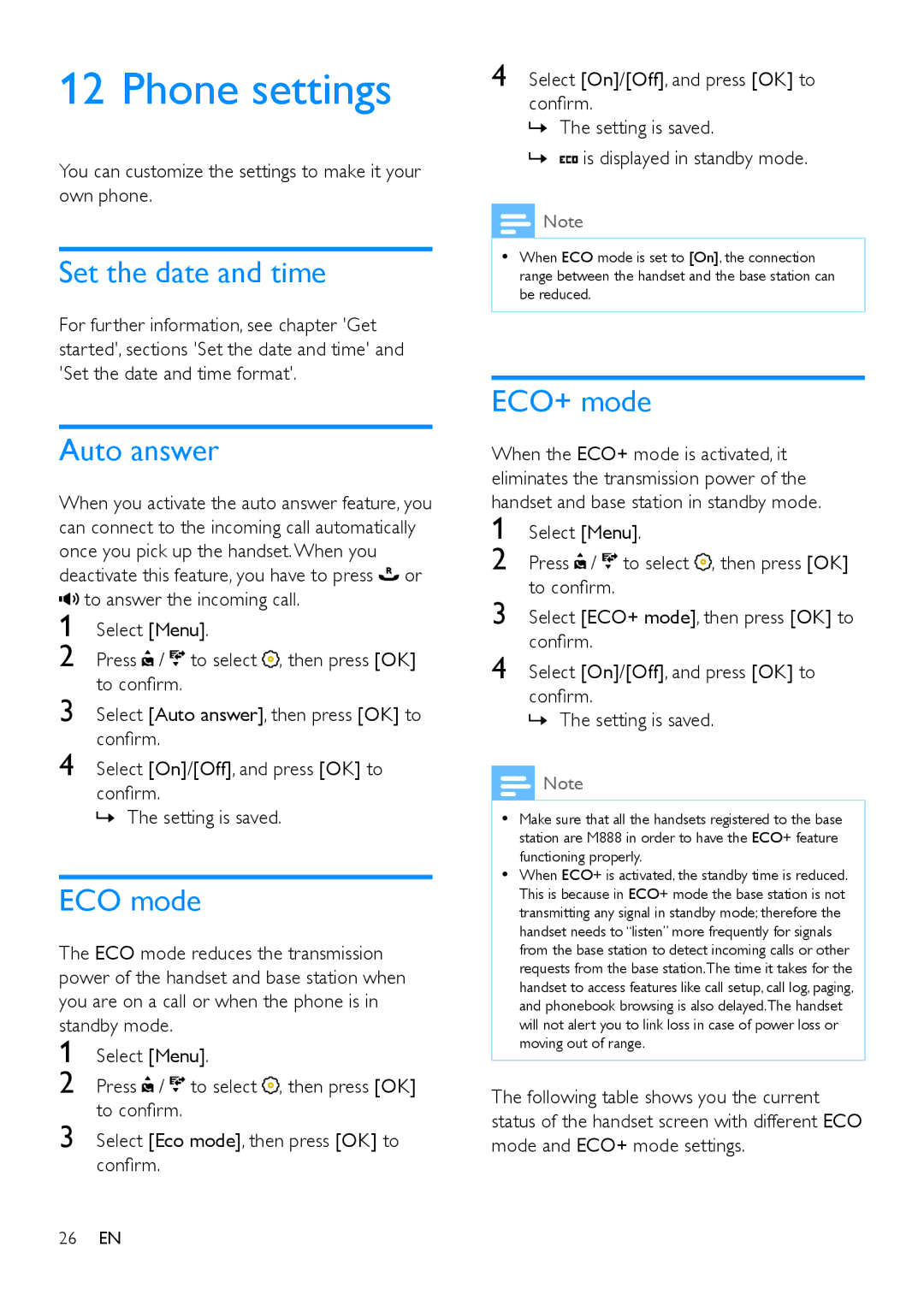 Philips M888 manual Phone settings, Set the date and time, Auto answer, ECO mode, ECO+ mode 