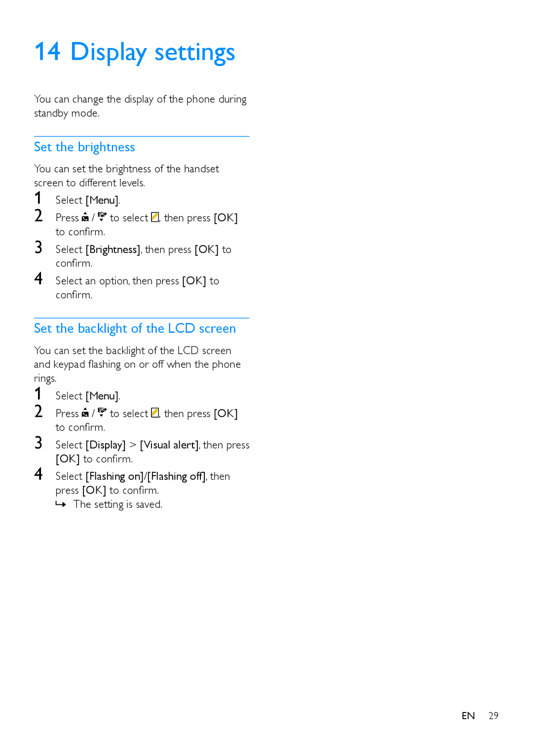 Philips M888 manual Display settings, Set the brightness, Set the backlight of the LCD screen 