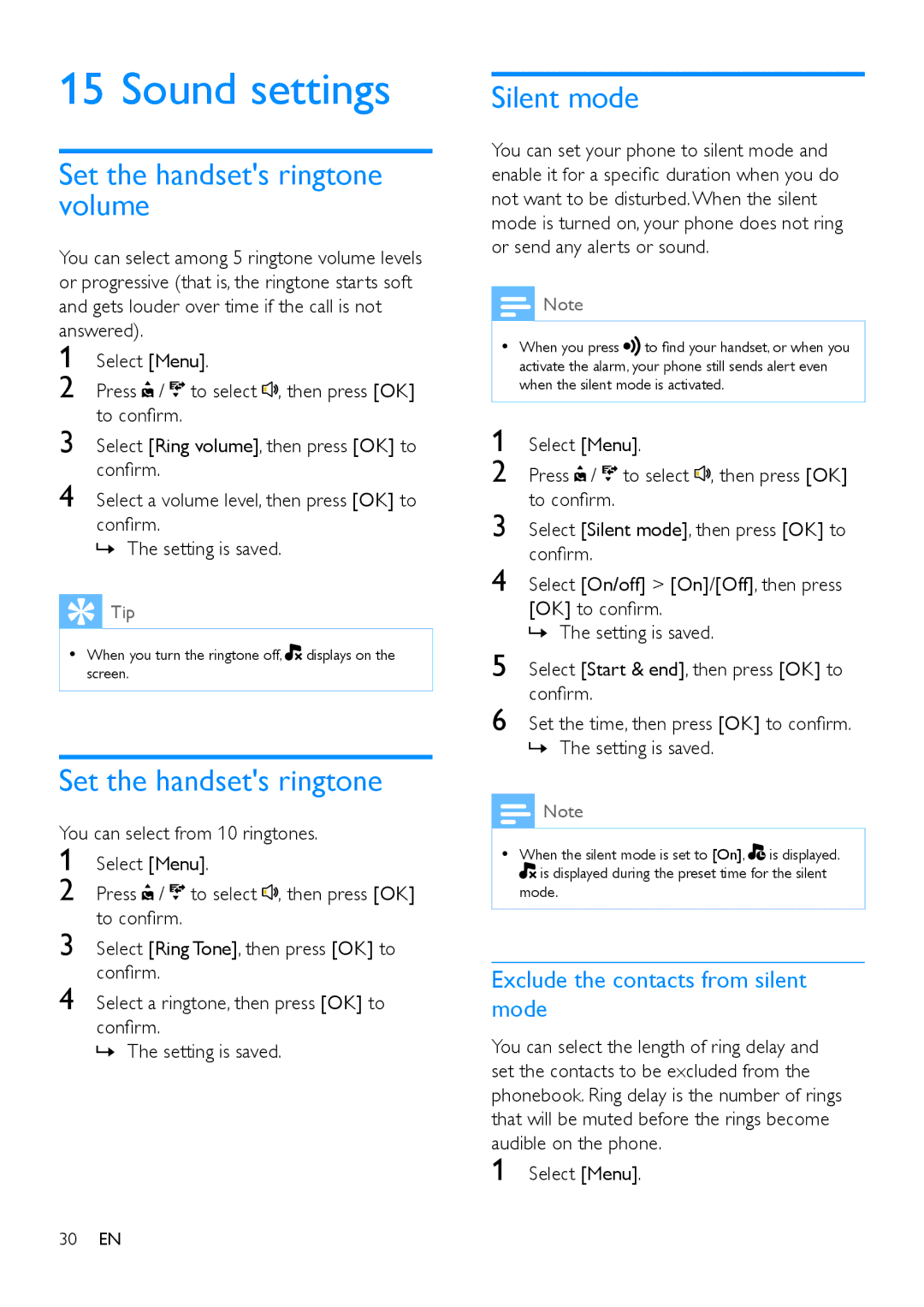 Philips M888 manual Sound settings, Set the handsets ringtone volume, Silent mode, Exclude the contacts from silent mode 