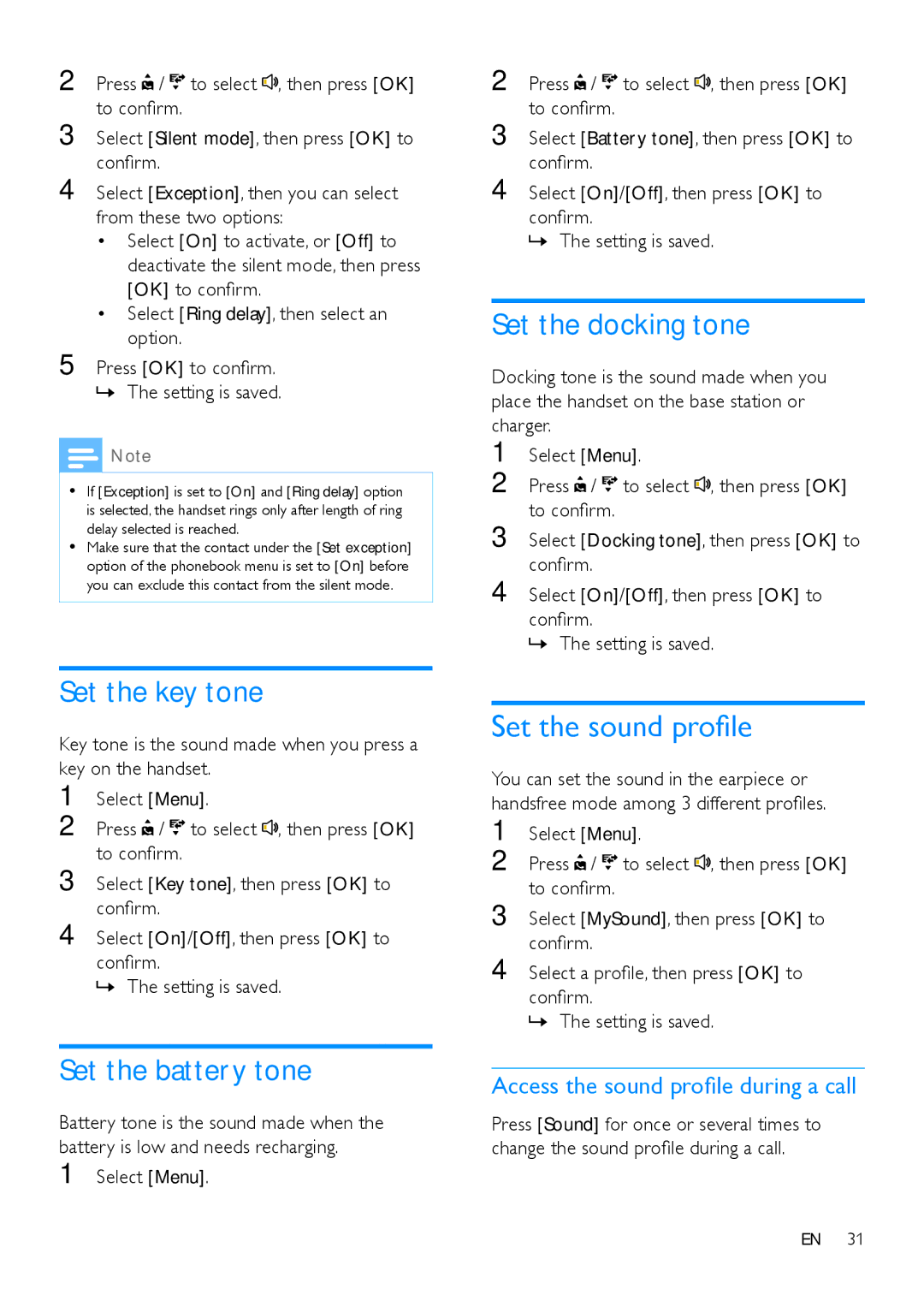Philips M888 manual Set the key tone, Set the battery tone, Set the docking tone, Set the sound profile 