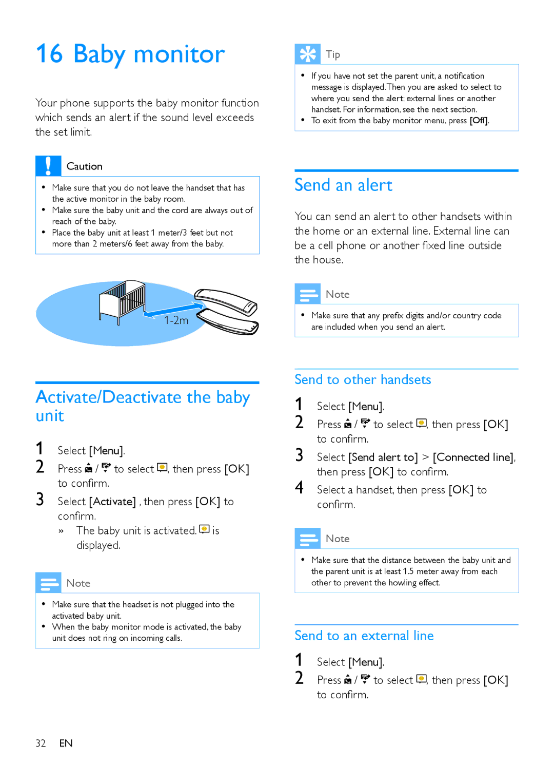 Philips M888 manual Baby monitor, Send an alert, Activate/Deactivate the baby unit, Send to other handsets 