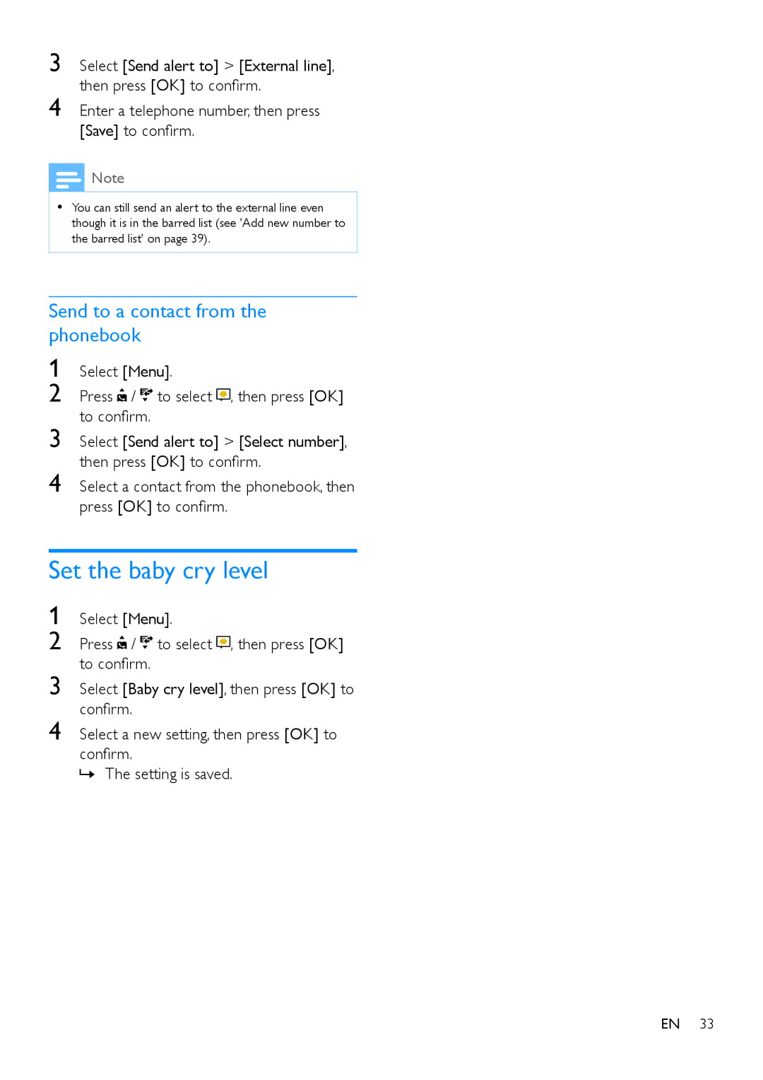 Philips M888 manual Set the baby cry level, Send to a contact from the phonebook 