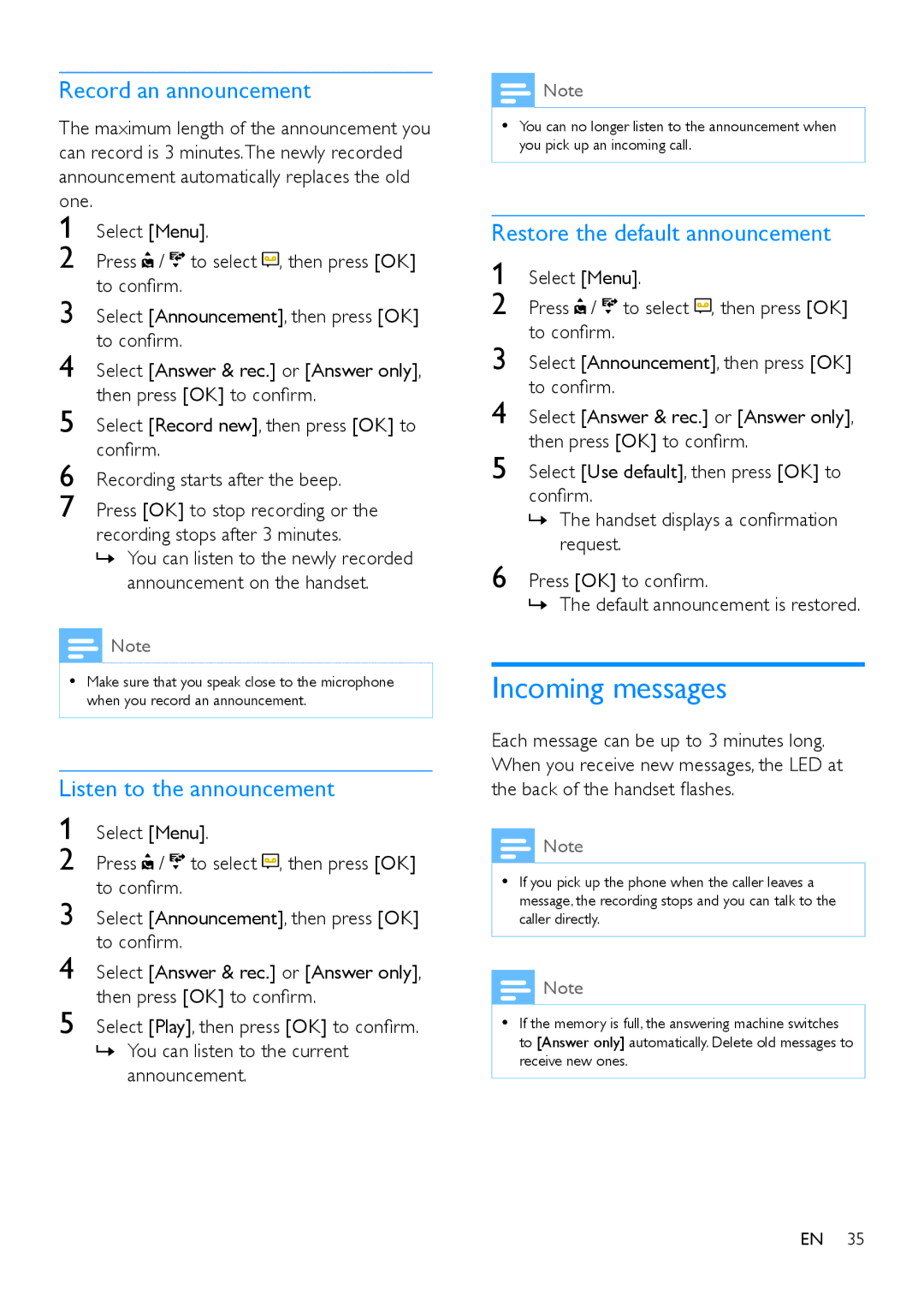 Philips M888 manual Incoming messages, Record an announcement, Listen to the announcement, Restore the default announcement 