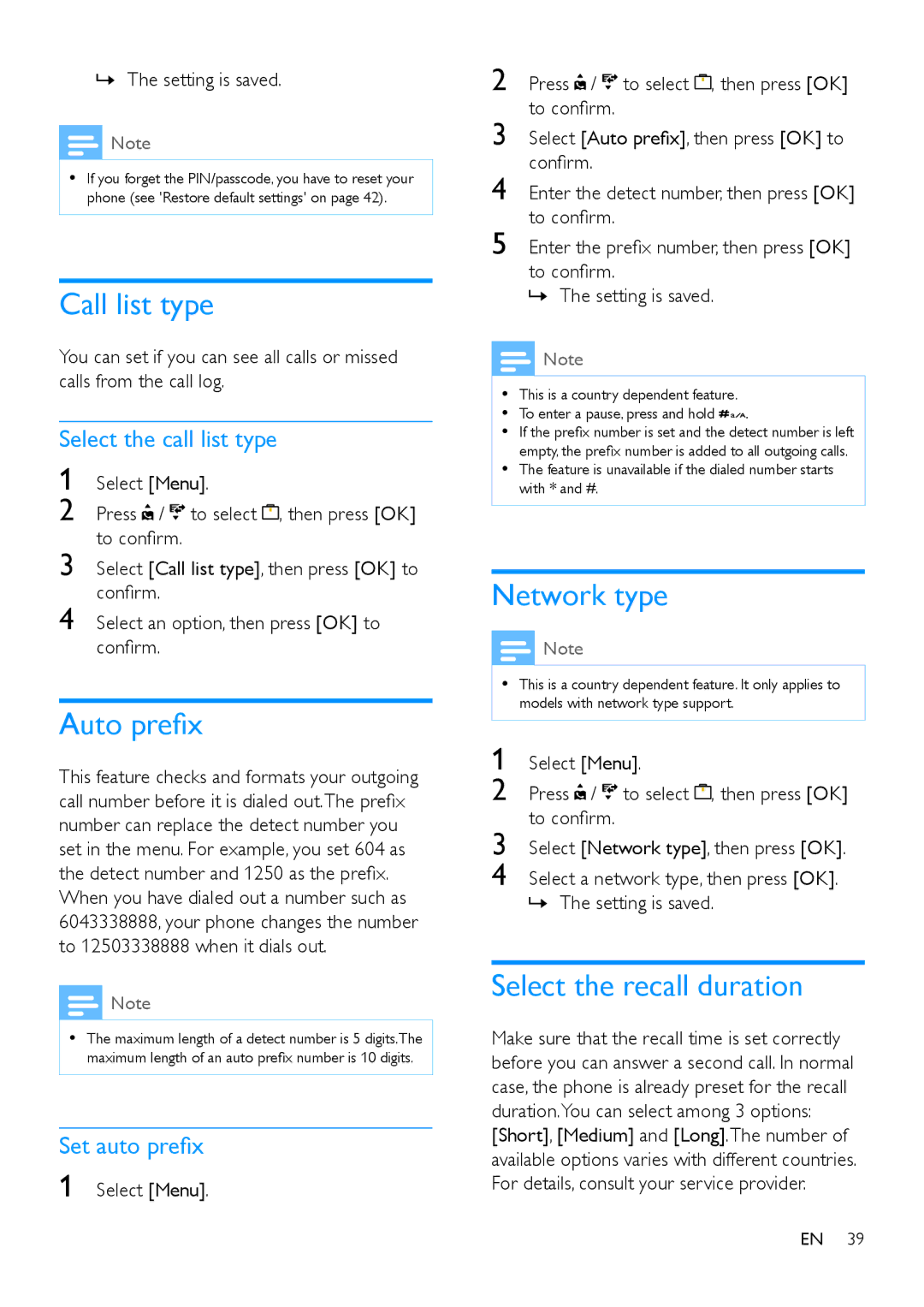 Philips M888 manual Auto prefix, Network type, Select the recall duration, Set auto prefix 