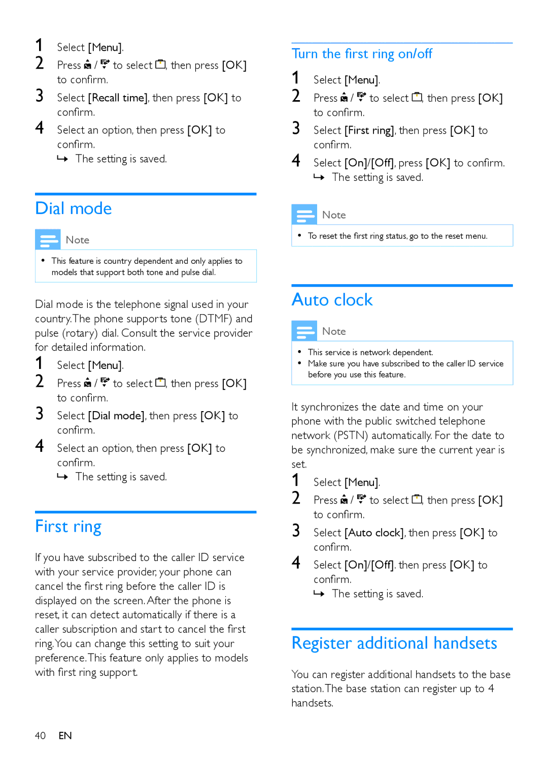 Philips M888 manual Dial mode, First ring, Auto clock, Register additional handsets, Turn the first ring on/off 