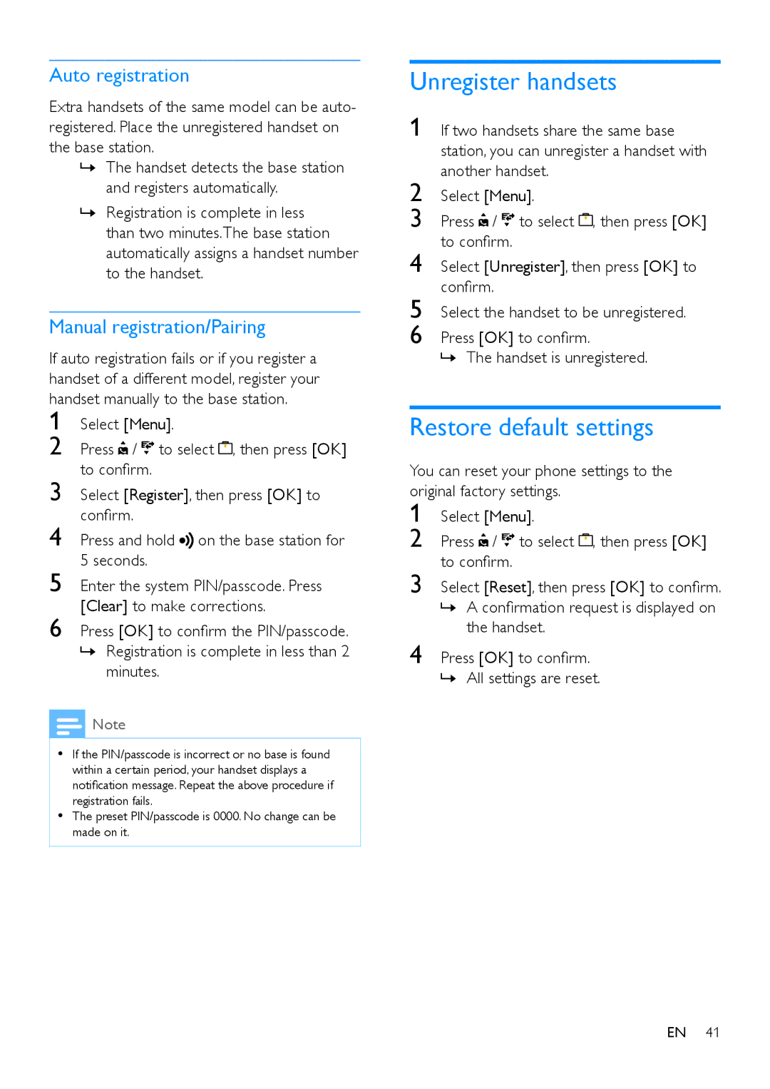 Philips M888 manual Unregister handsets, Restore default settings, Auto registration, Manual registration/Pairing 