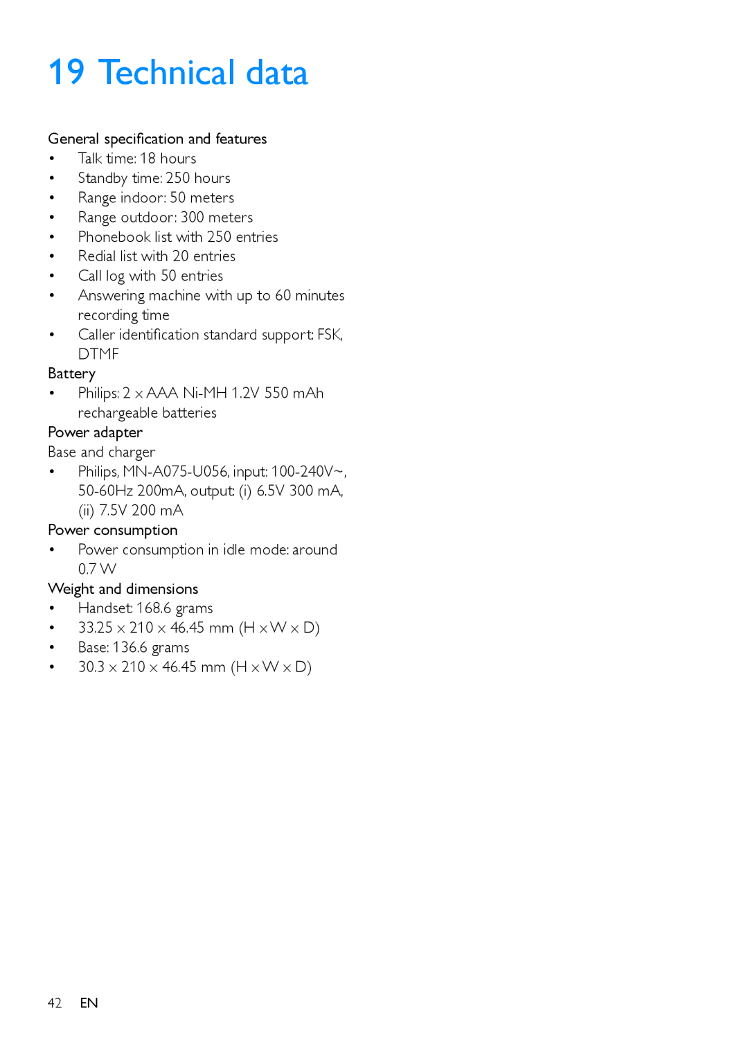 Philips M888 manual Technical data, Dtmf 