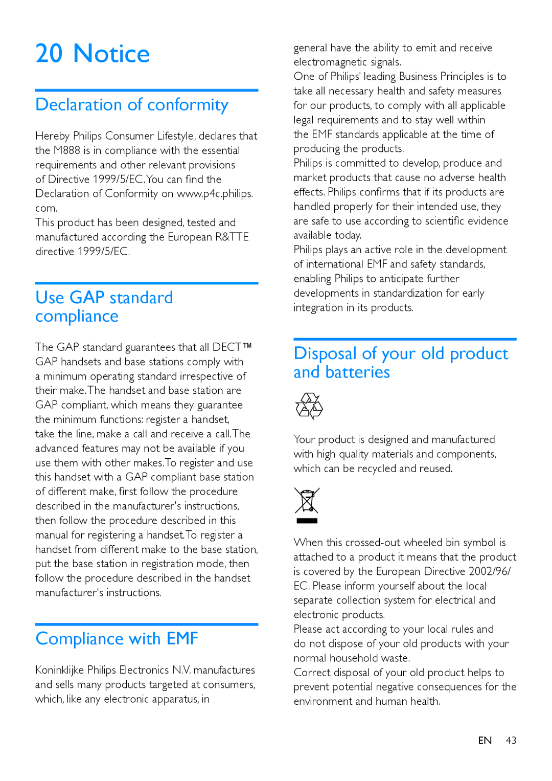 Philips M888 manual Declaration of conformity, Compliance with EMF, Disposal of your old product and batteries 