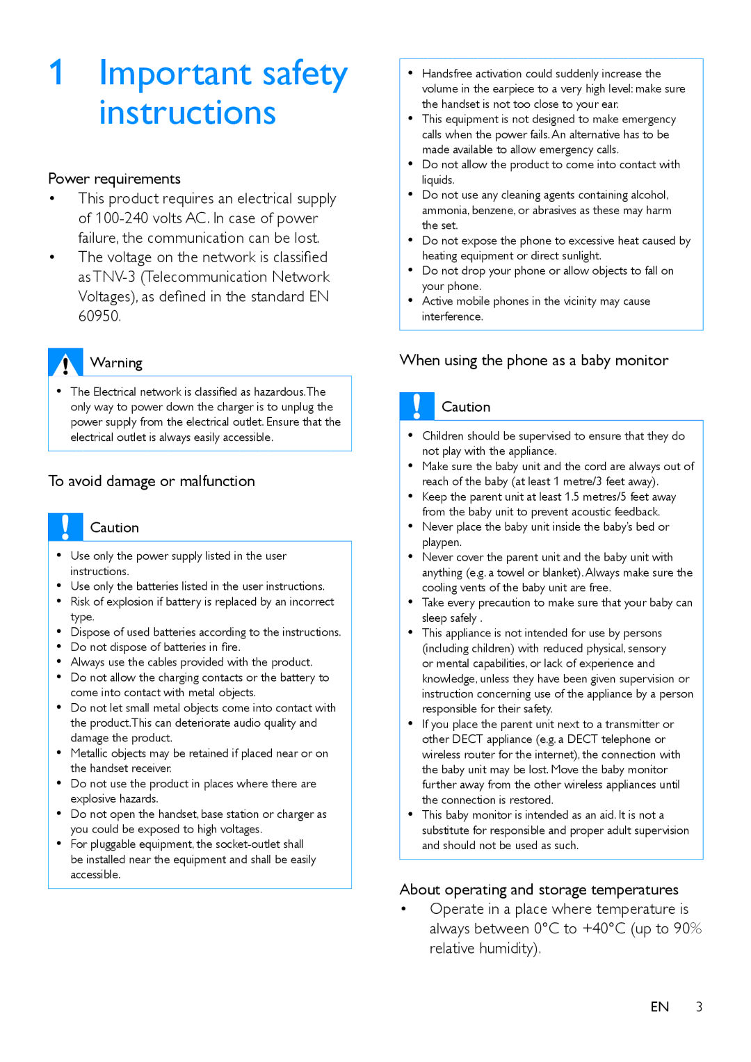 Philips M888 manual Power requirements, To avoid damage or malfunction, When using the phone as a baby monitor 