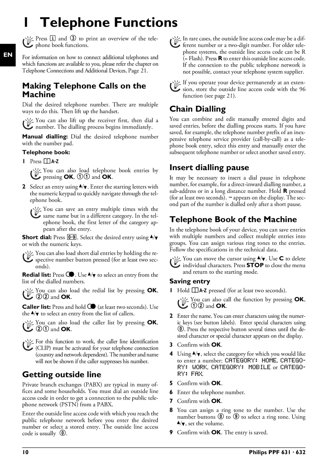 Philips MAGIC5 user manual Telephone Functions 