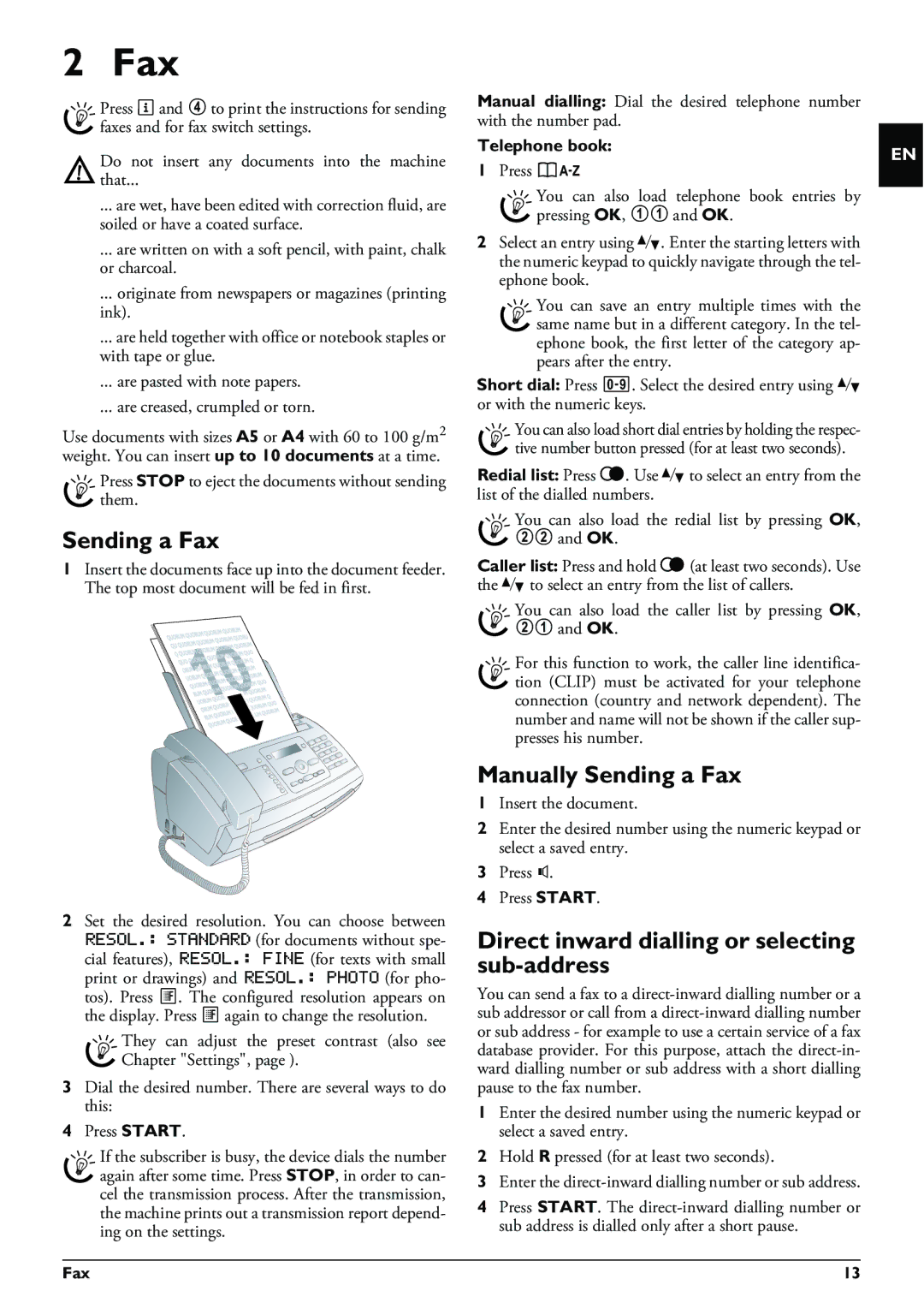 Philips MAGIC5 user manual Manually Sending a Fax, Direct inward dialling or selecting sub-address 