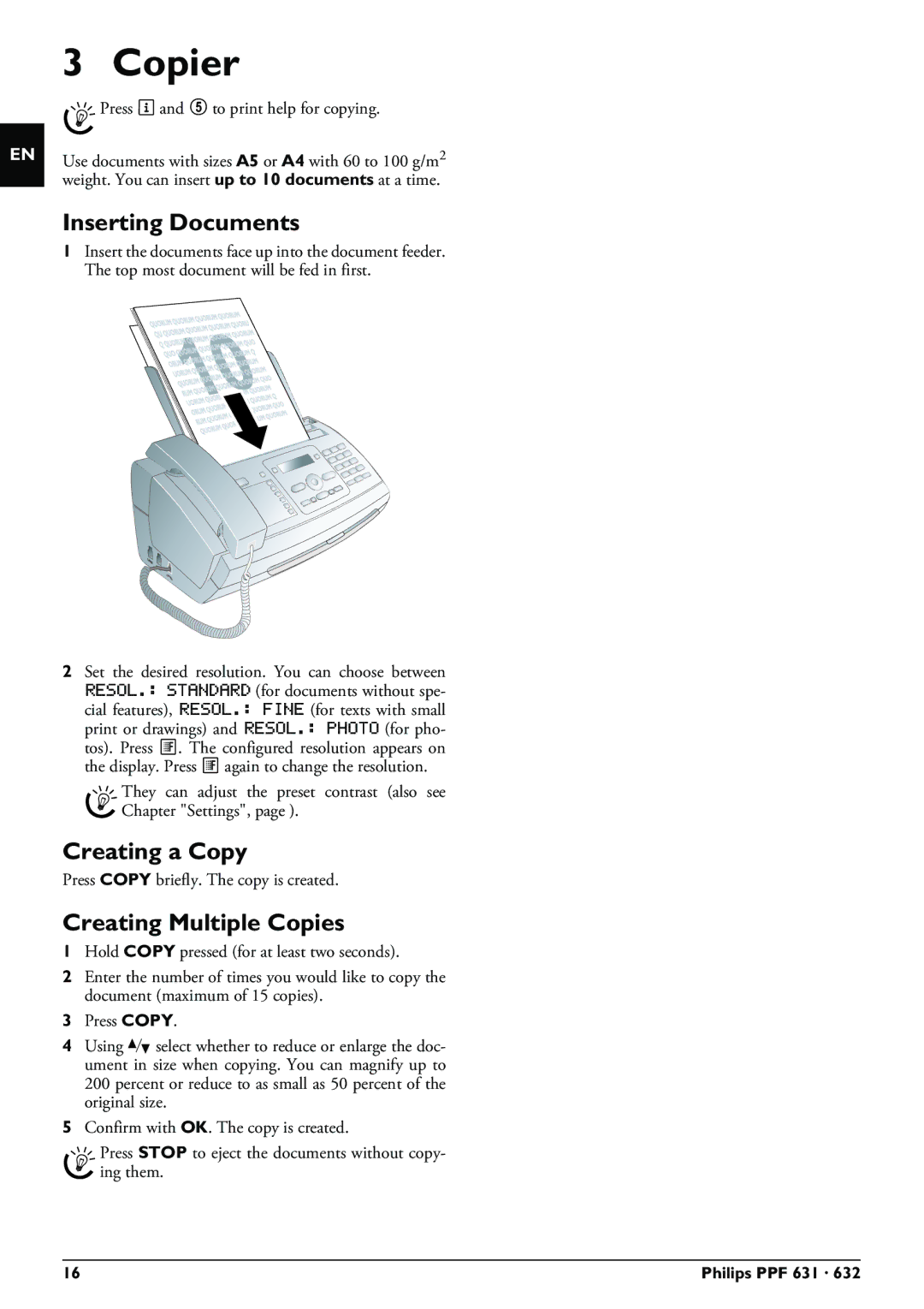 Philips MAGIC5 user manual Copier, Inserting Documents, Creating a Copy, Creating Multiple Copies 