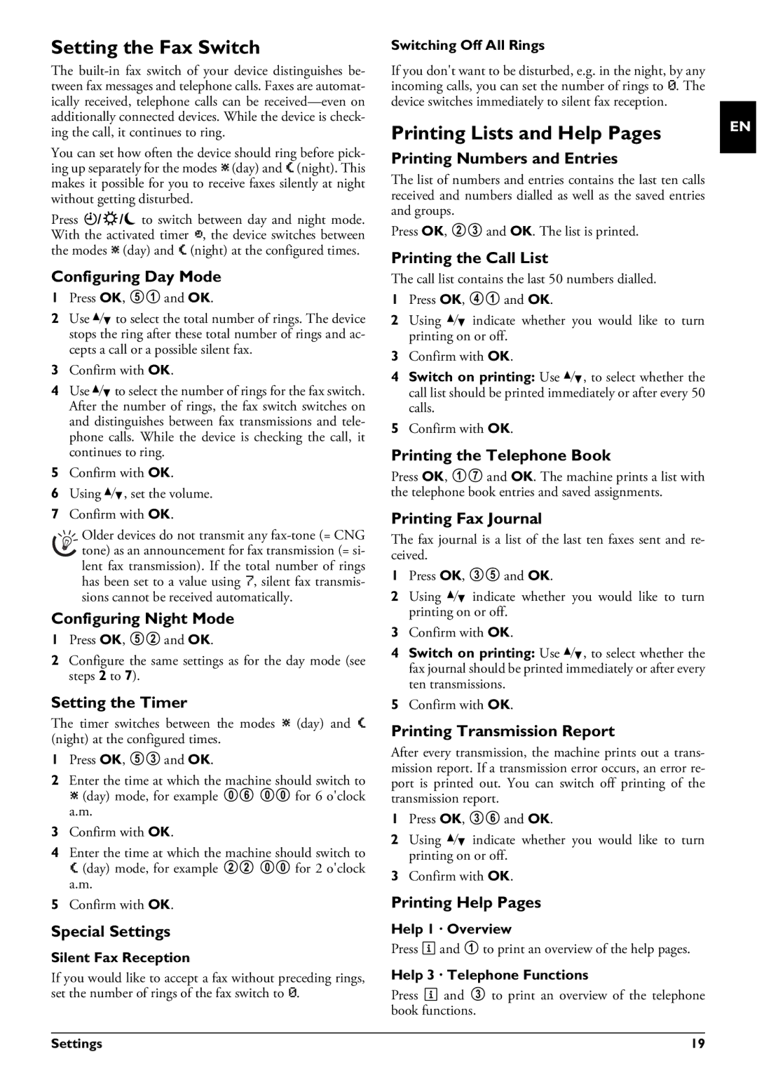 Philips MAGIC5 user manual Setting the Fax Switch, Printing Lists and Help Pages 