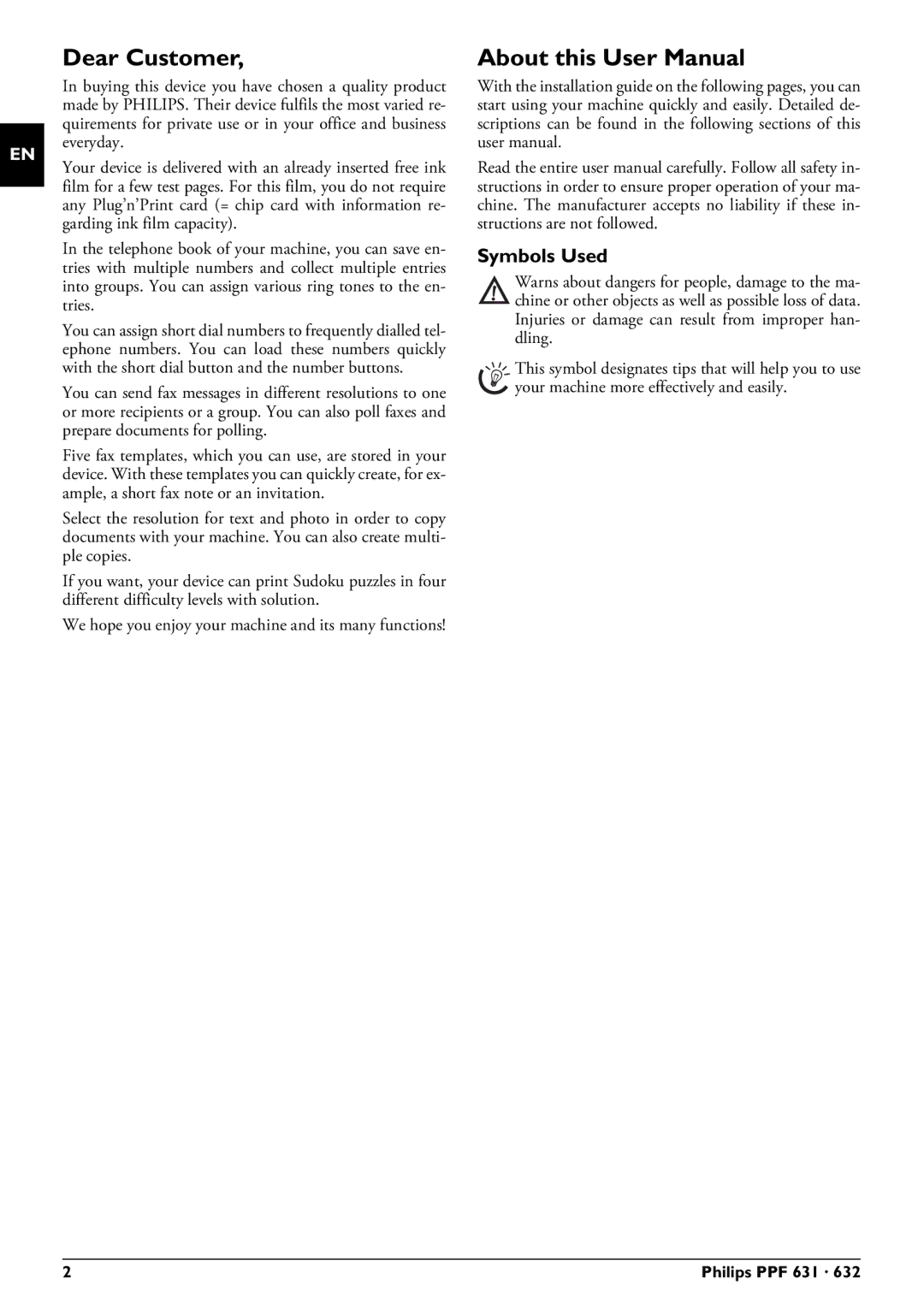 Philips MAGIC5 user manual Dear Customer, Symbols Used 