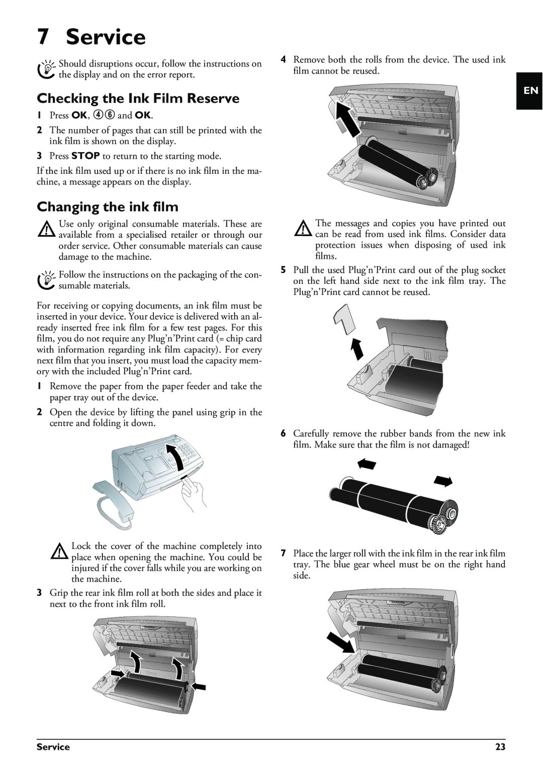 Philips MAGIC5 user manual Service, Checking the Ink Film Reserve, Changing the ink film 