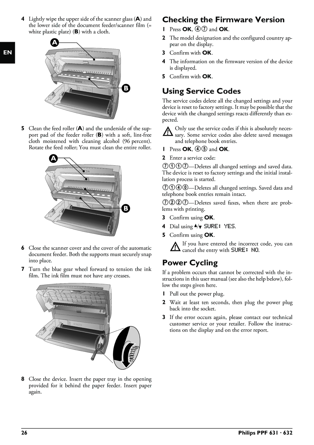 Philips MAGIC5 user manual Checking the Firmware Version, Using Service Codes, Power Cycling 