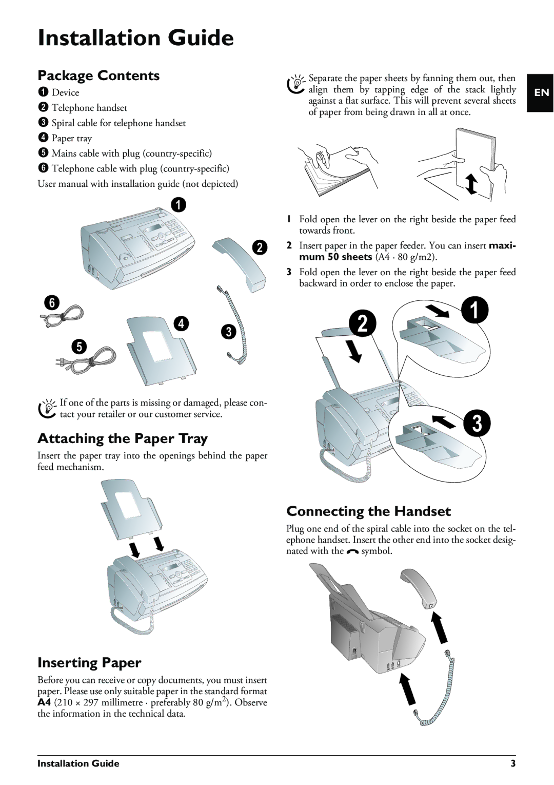 Philips MAGIC5 Installation Guide, Package Contents, Attaching the Paper Tray, Inserting Paper, Connecting the Handset 