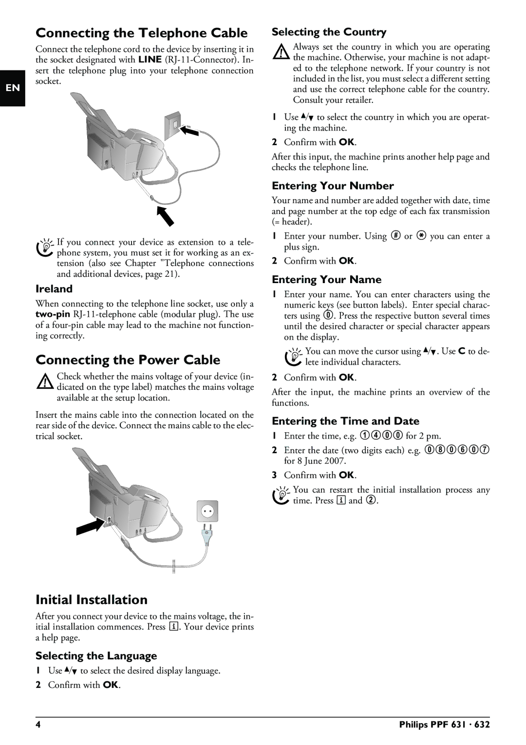 Philips MAGIC5 user manual Connecting the Telephone Cable, Connecting the Power Cable, Initial Installation 