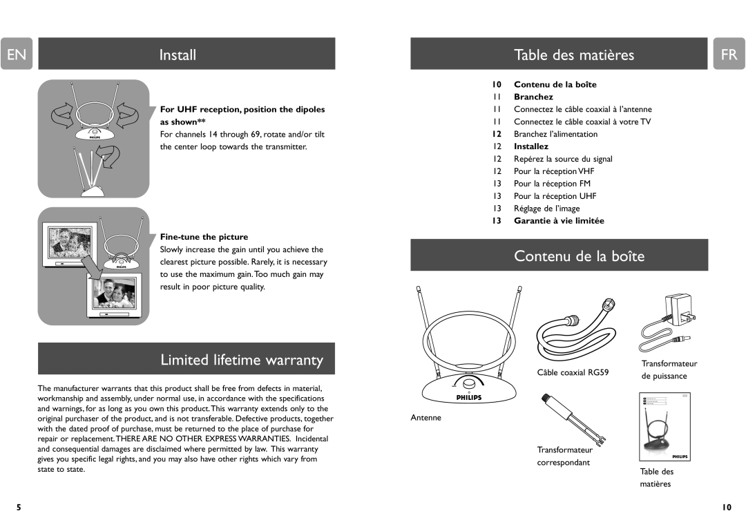 Philips MNT310F, MANT310 specifications Install Table des matières, Contenu de la boîte Limited lifetime warranty 