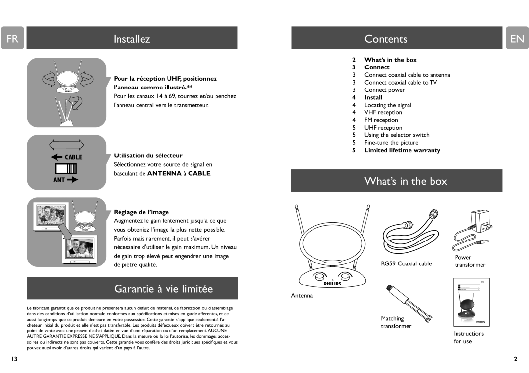 Philips MANT410, MNT410F specifications FRInstallez, ContentsEN, What’s in the box, Garantie à vie limitée 