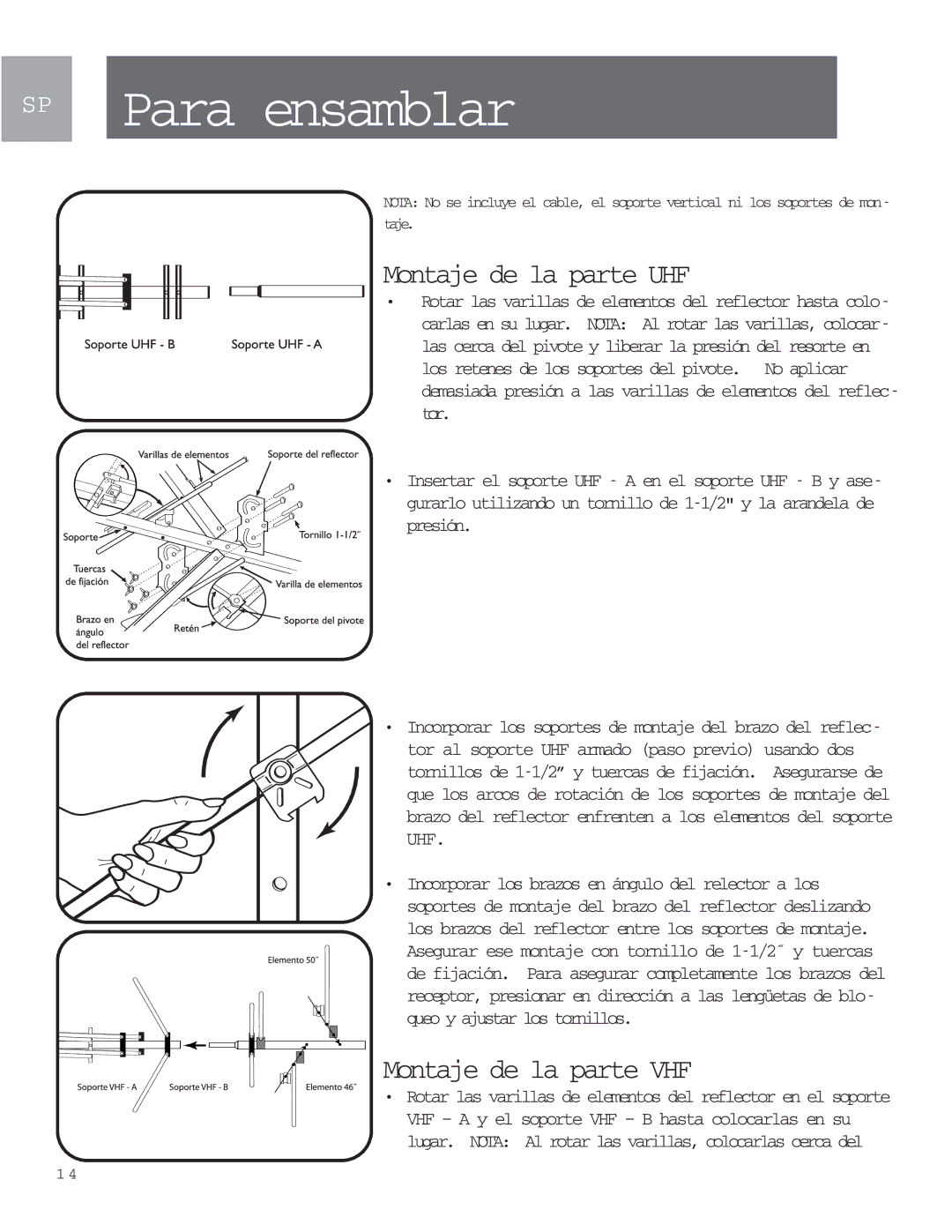 Philips MANT901 user manual SP Para ensamblar, Montaje de la parte UHF, Montaje de la parte VHF 