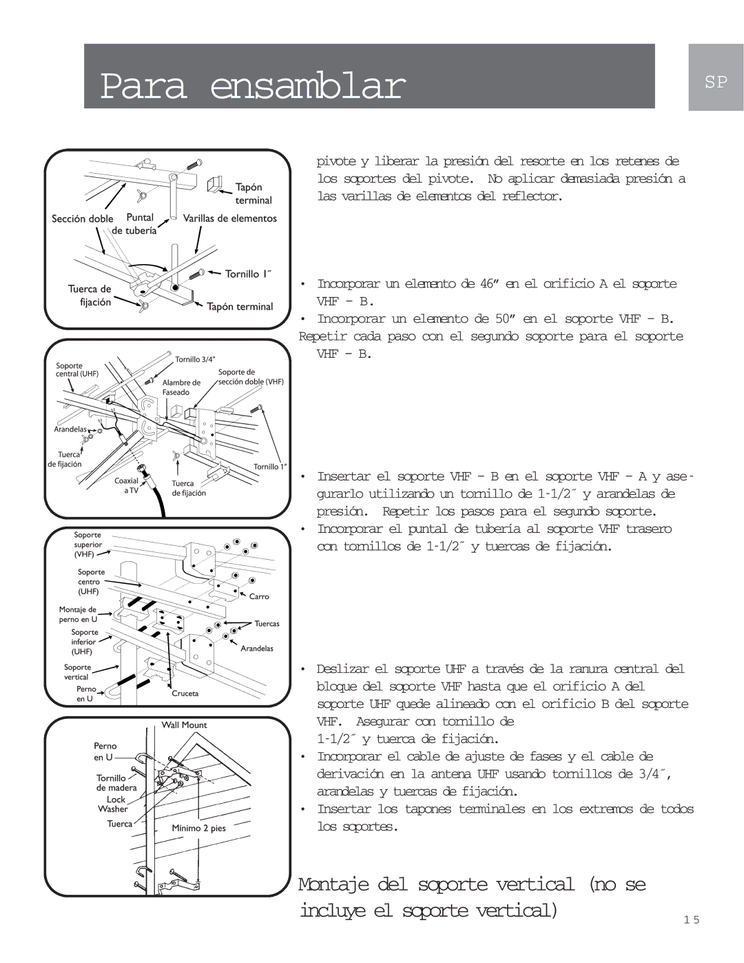 Philips MANT901 user manual Vhf B, 2˝ y tuerca de fijación 