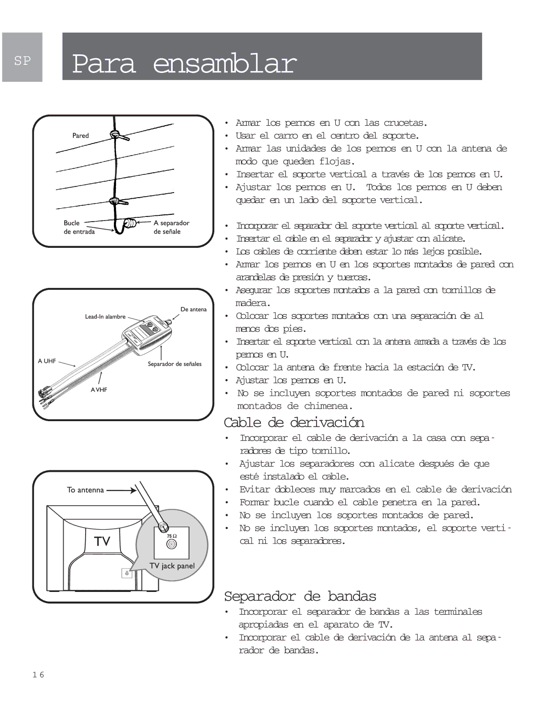 Philips MANT901 user manual Cable de derivación, Separador de bandas 