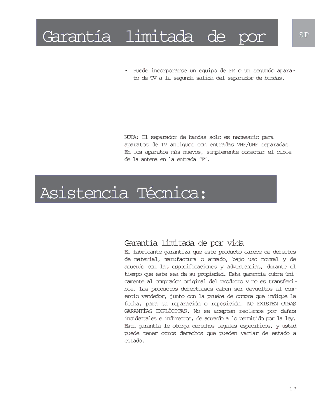 Philips MANT901 user manual Asistencia Técnica, Garantía limitada de por vida 