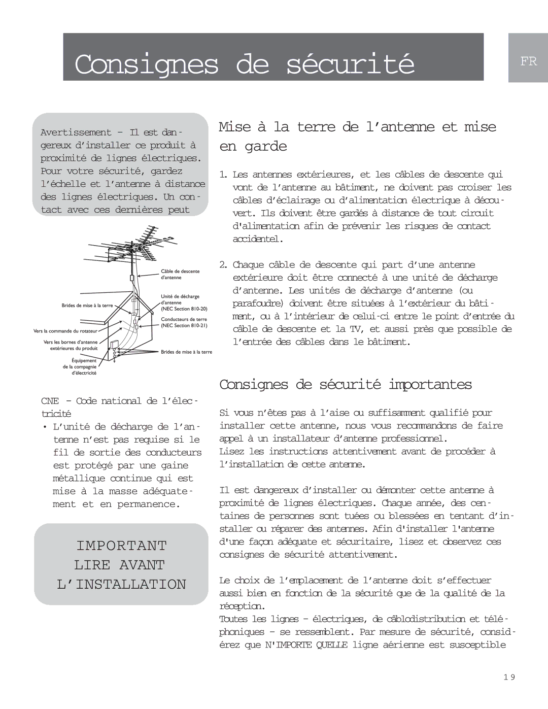 Philips MANT901 user manual Mise à la terre de l’antenne et mise en garde, Consignes de sécurité importantes 