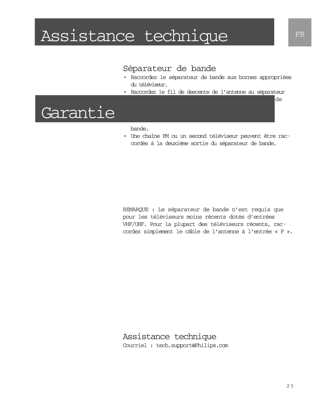 Philips MANT901 user manual Assistance technique, Garantie, Séparateur de bande 