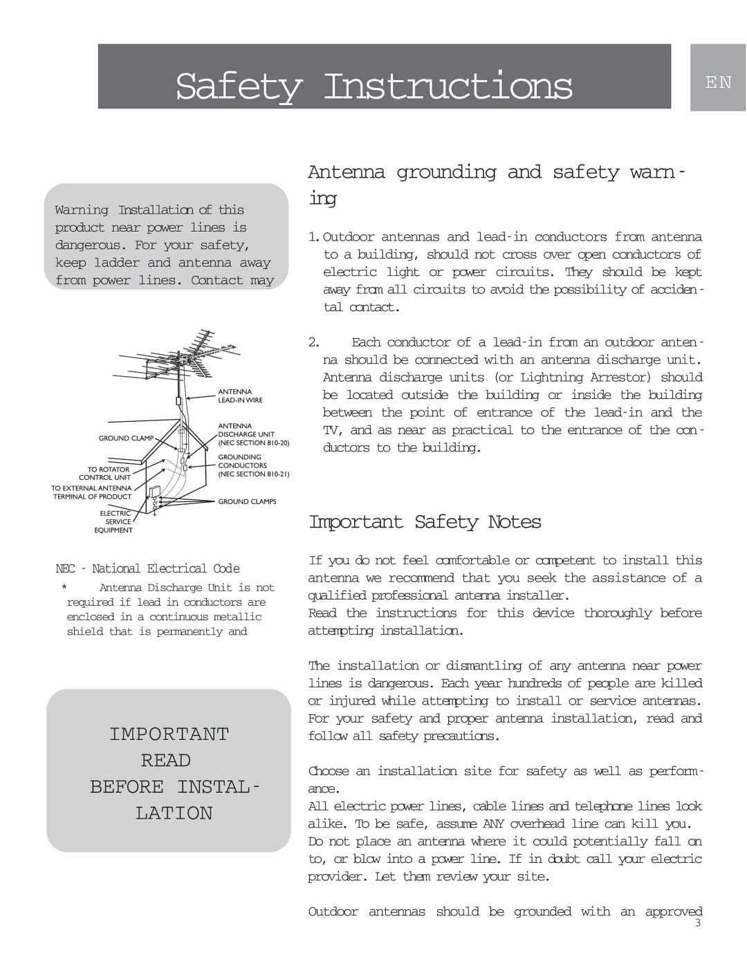 Philips MANT901 user manual Safety Instructions, Antenna grounding and safety warn- ing, Important Safety Notes 