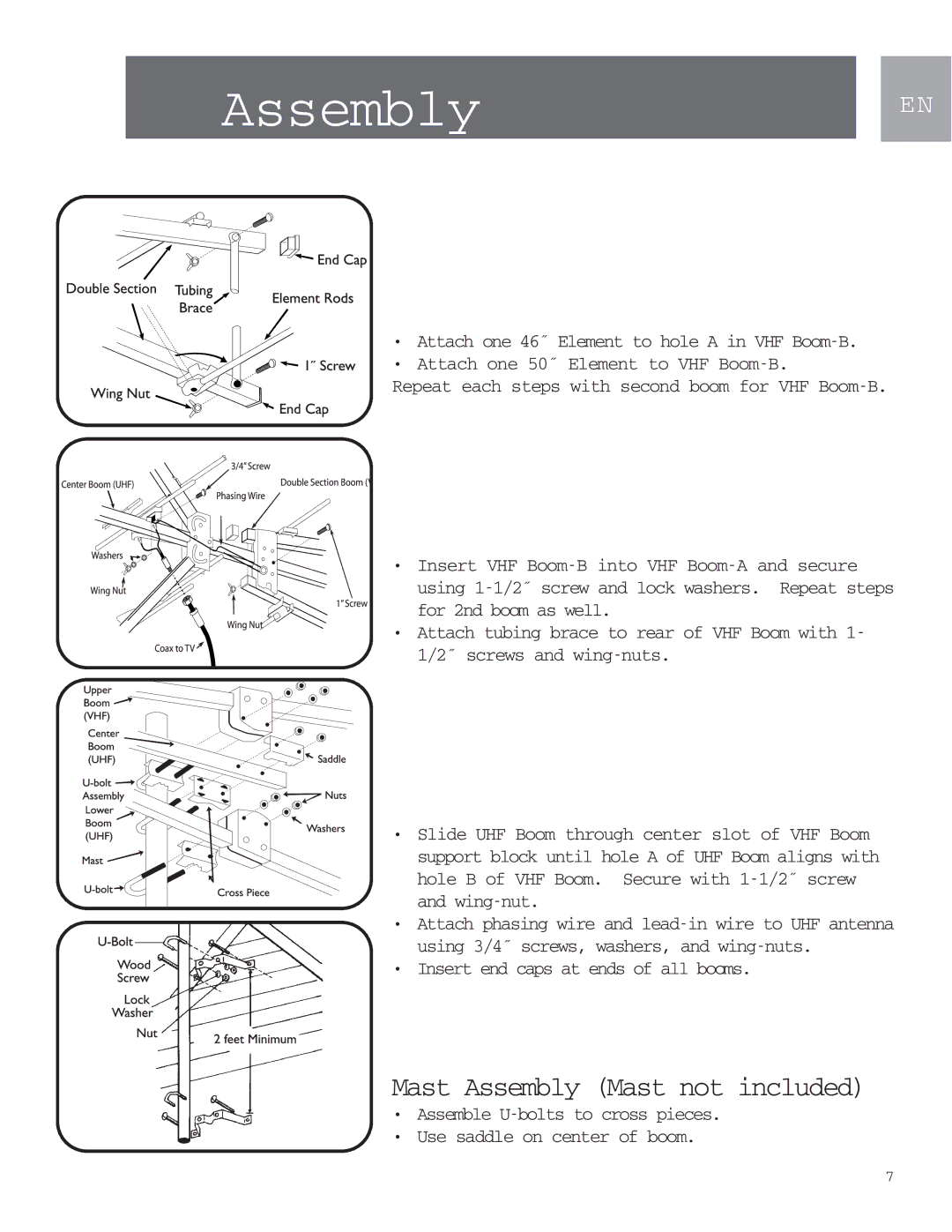 Philips MANT901 user manual Mast Assembly Mast not included, Attach one 50˝ Element to VHF Boom-B 