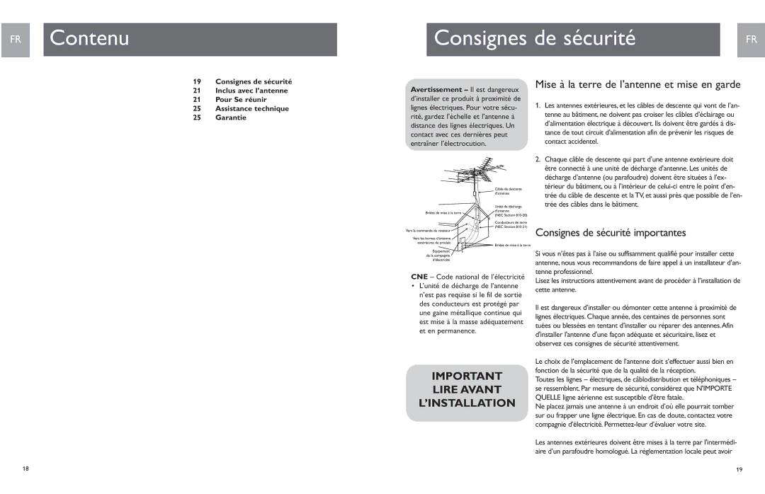 Philips MANT901EN, SDV9011K/17 user manual Lire Avant ’INSTALLATION, Mise à la terre de l’antenne et mise en garde 