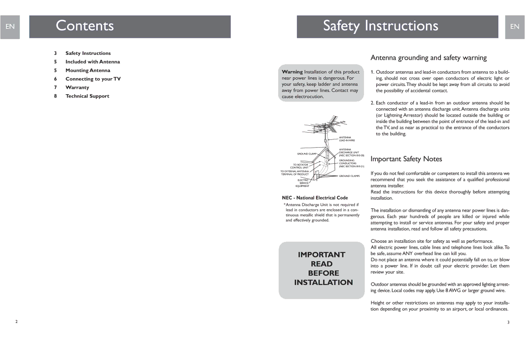 Philips MANT901EN, SDV9011K/17 Read Before Installation, Antenna grounding and safety warning, Important Safety Notes 