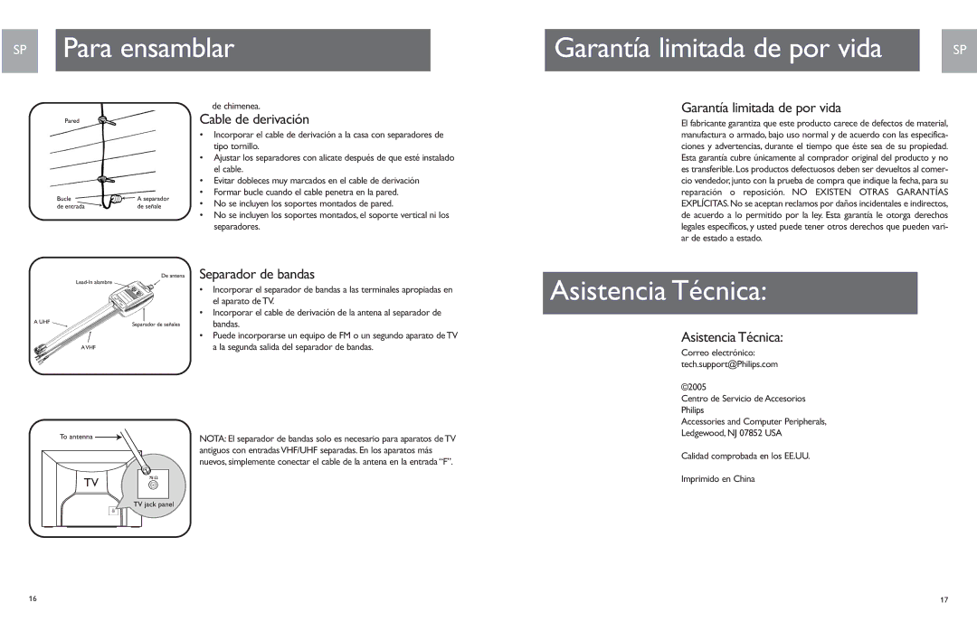 Philips SDV9011K/17 Cablede chimeneade derivación, Separador de bandas, Garantía limitada de por vida, Asistencia Técnica 