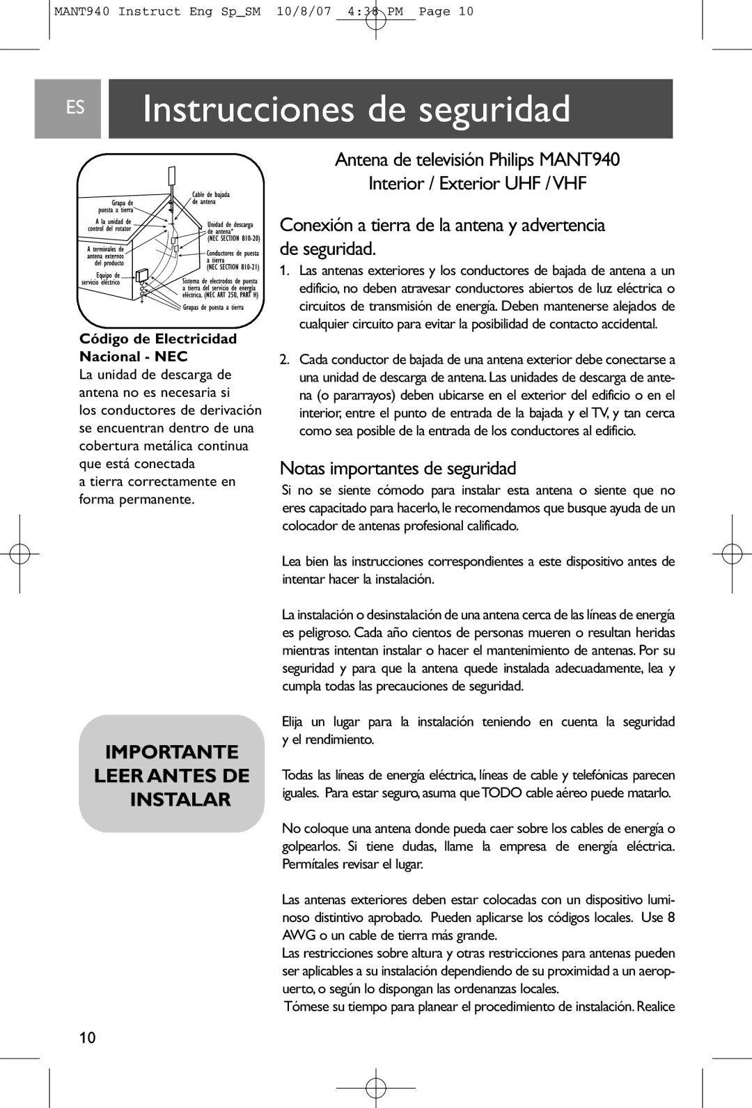 Philips MANT940 user manual Instrucciones de seguridad, De seguridad, Notas importantes de seguridad 