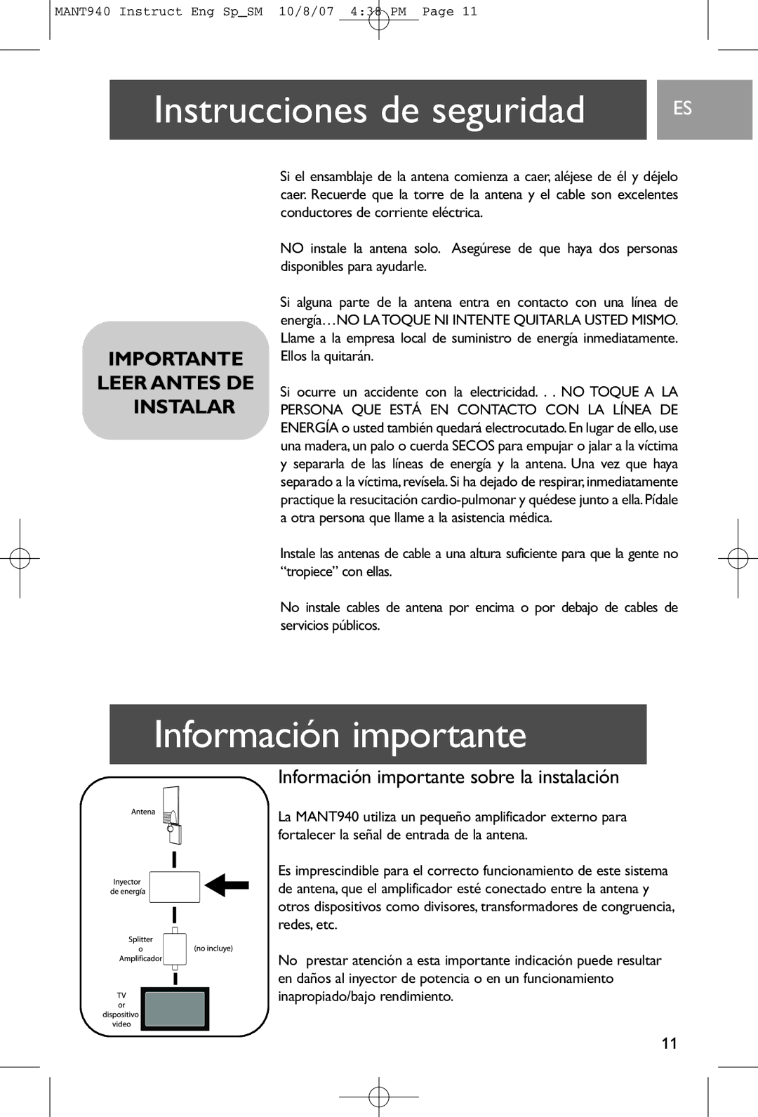 Philips MANT940 user manual Información importante sobre la instalación 