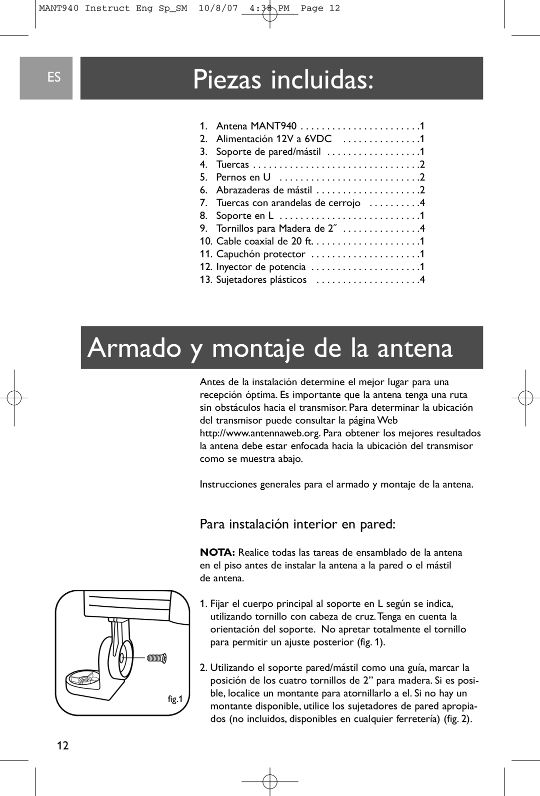 Philips MANT940 user manual Piezas incluidas, Armado y montaje de la antena, Para instalación interior en pared 