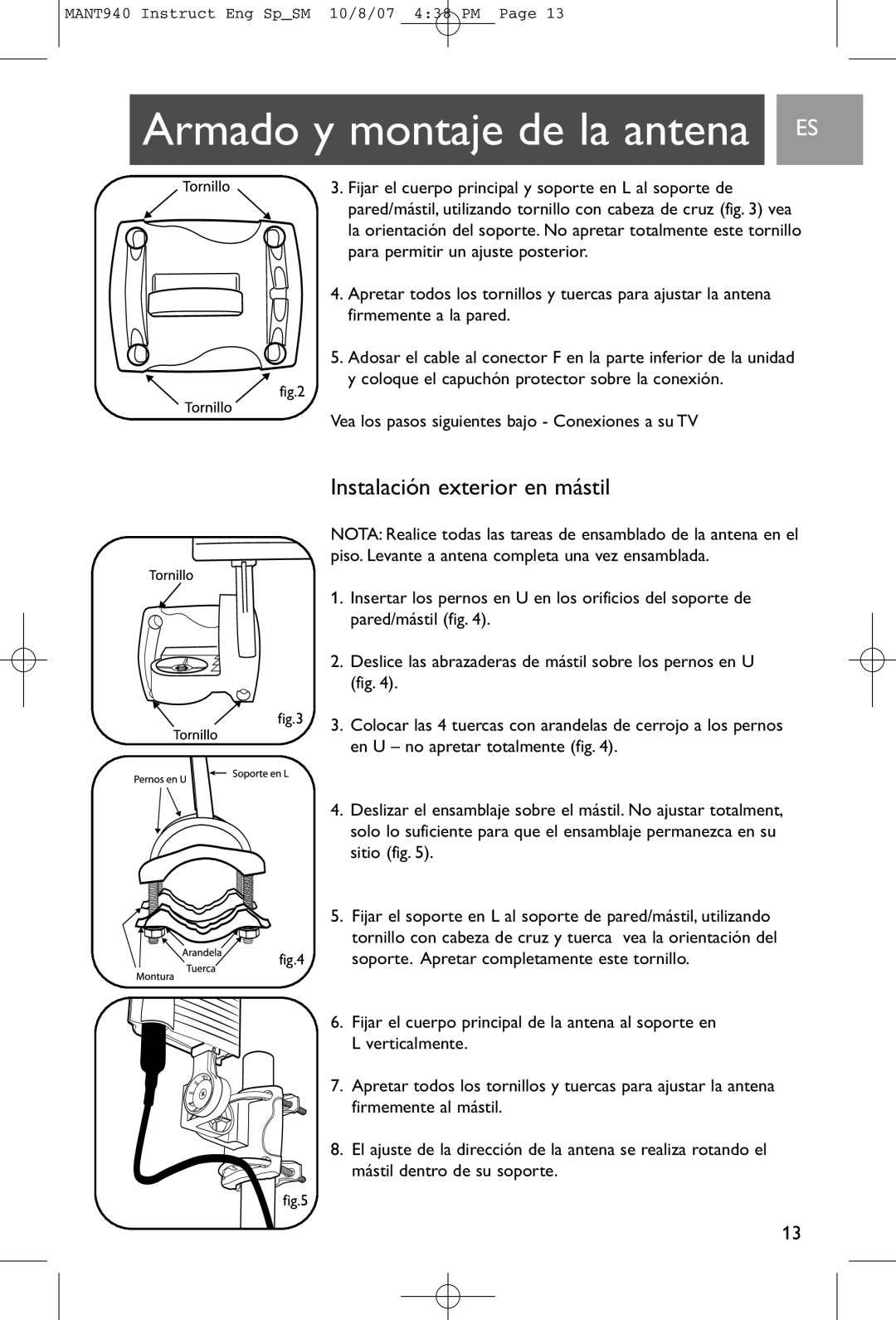 Philips MANT940 user manual Instalación exterior en mástil 