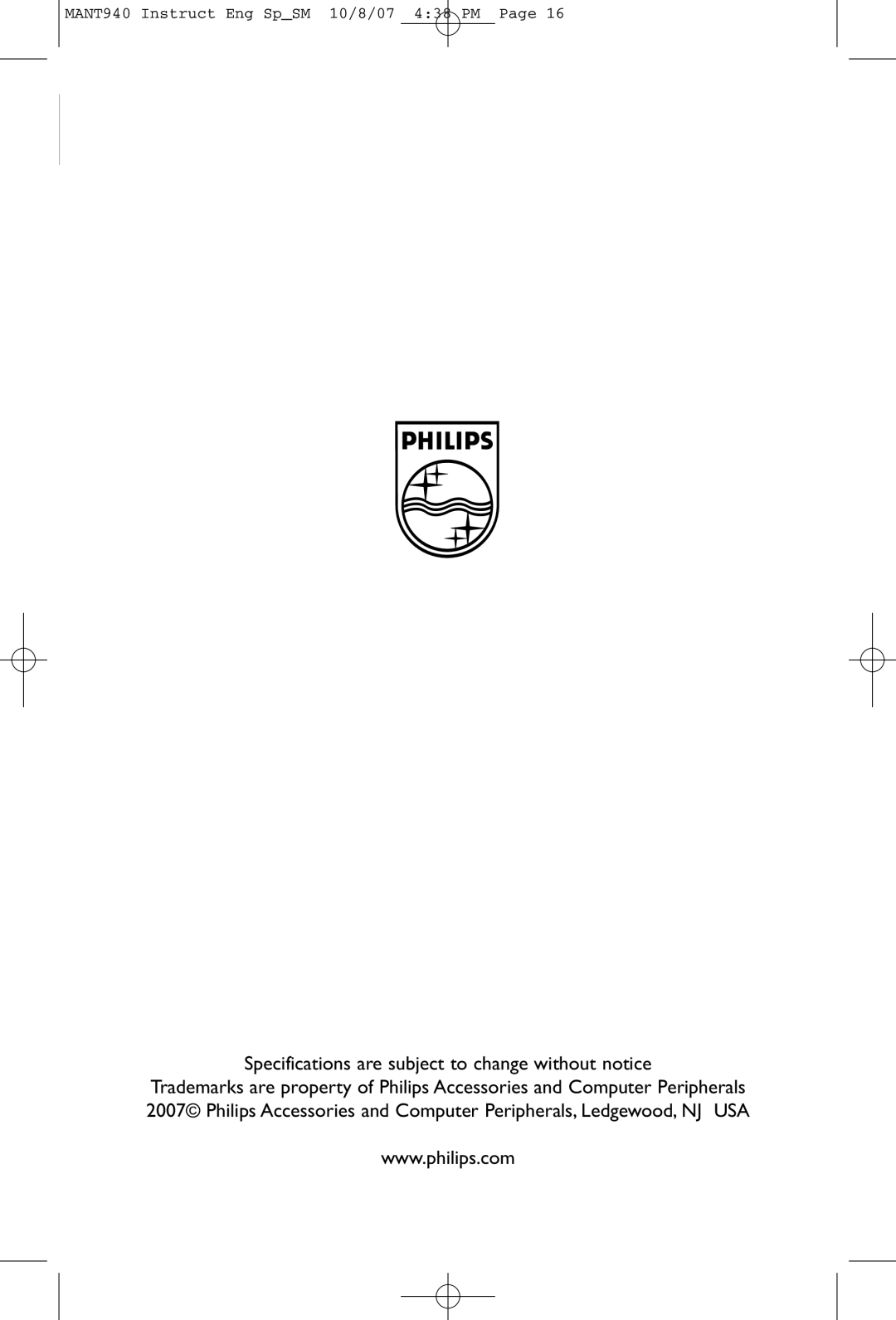 Philips MANT940 user manual Specifications are subject to change without notice 