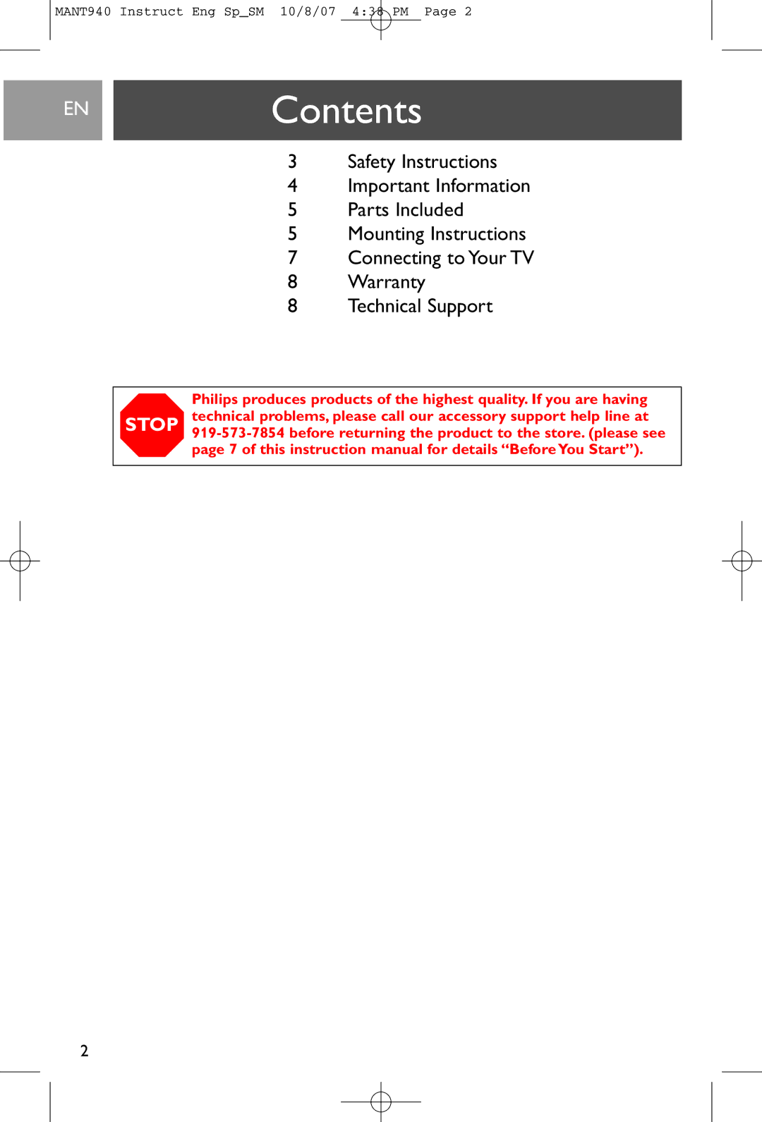 Philips MANT940 user manual ENContents 